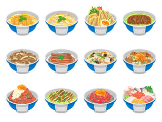様々な種類の、丼料理のイラストセット