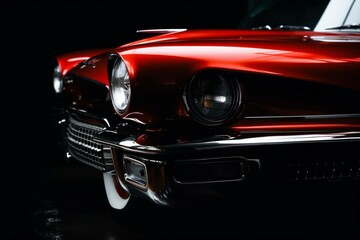 Plakat a red car with a shiny chrome finish on it's body and hood is shown in a black background. Generative AI