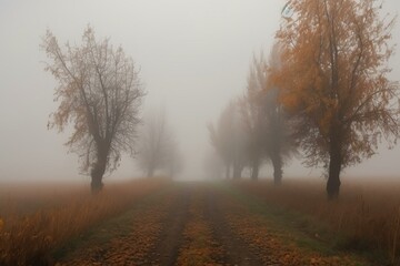 Desolate Autumn Landscape, Row of Trees in Thick Fog. Generative AI