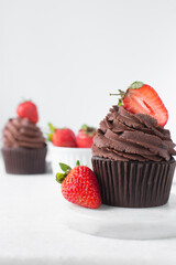 Chocolate cupcake with dark chocolate buttercream and strawberries, double chocolate cupcakes with american buttercream, tall swirl frosting on a cupcake with a strawberry