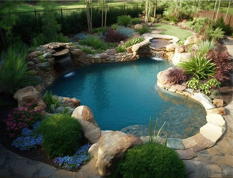 pool with waterfall and rocks in the backyard