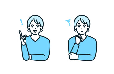 閃いた表情と困っている表情。かわいい女性のシンプルなイラストセット。