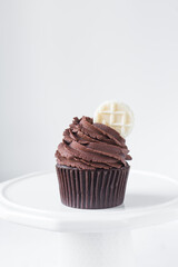 Chocolate cupcake with dark chocolate buttercream, double chocolate cupcakes with american buttercream, tall swirl frosting on a cupcake with a wafer