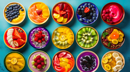 Various smoothie bowls with various vibrant fruit and berry toppings, AI generative flat lay, overhead top view