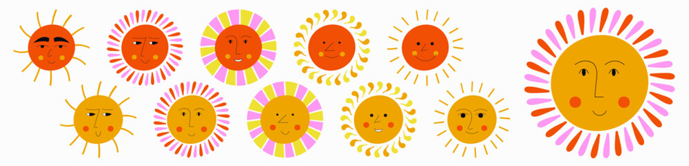 Smiling sun, abstract personage, mascot design, funny face, cute icon.