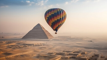 Colorful Hot Air Balloons Above The Egyptian Pyramids in Giza, Egypt - Generative AI.