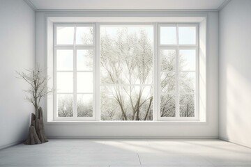 Fototapeta na wymiar White stylish empty room with summer landscape in window. Scandinavian interior design. 3D illustration. Generative AI