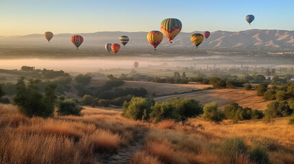 Several Colorful Hot Air Balloons Drifting Above Temecula Valley, California - Generative AI.