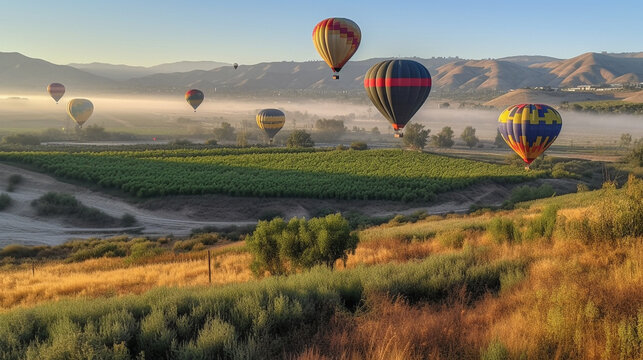 Several Colorful Hot Air Balloons Drifting Above Temecula Valley, California - Generative AI.