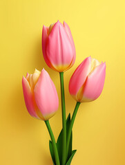 Pink red tulips on yellow background, beautiful flowers concept