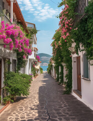 Fototapeta na wymiar Street with Flower Vines Leading to Sea, Coastal Scenery Style - Charming and Picturesque Village