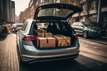 Car trunk full of holiday gifts and christmas presents. Generative Ai - obrazy, fototapety, plakaty