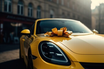 Plakat The new car is wrapped in a yellow bow. Beautiful gift concept. Generative Ai
