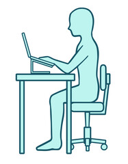 正しい姿勢でデスクワークをする人、シルエット青、線画