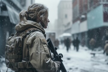 Female soldier standing in city devastated by war - obrazy, fototapety, plakaty
