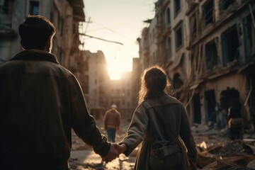 Fototapeta premium Aftermath of war, reconciliation and healing. Couple holding hands in a war devastated city.