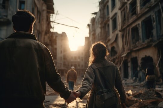 Aftermath of war, reconciliation and healing.
Couple holding hands in a war devastated city.