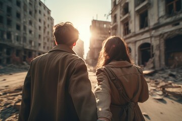 Aftermath of war, reconciliation and healing.
Couple holding hands in a war devastated city.