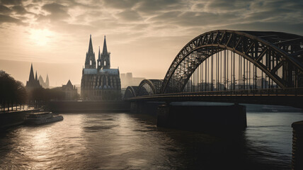 cologne city with church created with Generative AI technology - obrazy, fototapety, plakaty
