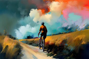 Obraz premium Cyclist riding bicycle at sunset through the fields, AI generative illustration