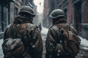 Fototapeta premium Soldiers in the face of devastation from war