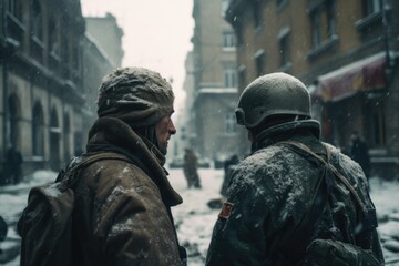 Soldiers in the face of devastation from war - obrazy, fototapety, plakaty