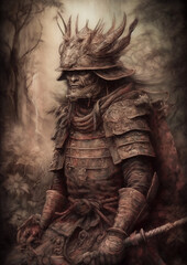 Naklejka na ściany i meble Illustration of a Samurai in a fictional scenery for frame. Japanese character concept art