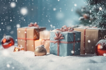 Naklejka na ściany i meble christmas gifts with snow created with Generative AI technology