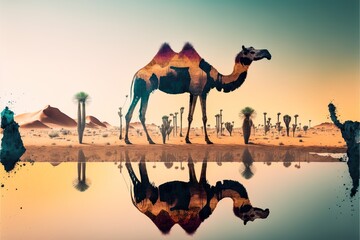 Camel abstract artwork in double exposure of sahara desert, animal art with sand landscape as dromedary with nature background concept. Superb Generative AI.