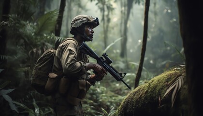 Fototapeta premium soldier in camouflage with gun in the forest