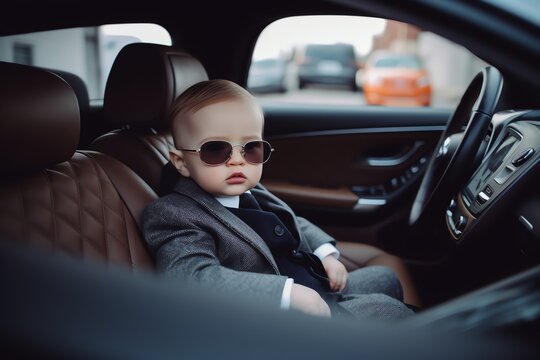 little boy boss businessman in the car