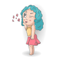 A funny little man Chibi in clothes sends an air kiss a color contour vector illustration in the style of a doodle