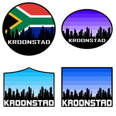 Obraz premium Kroonstad Skyline Silhouette South Africa Flag Travel Souvenir Sticker Sunset Background Vector Illustration SVG EPS AI