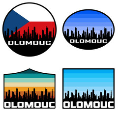 Obraz premium Olomouc Skyline Silhouette Czech Flag Travel Souvenir Sticker Sunset Background Vector Illustration SVG EPS AI