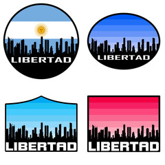 Obraz premium Libertad Skyline Silhouette Argentina Flag Travel Souvenir Sticker Sunset Background Vector Illustration SVG EPS AI