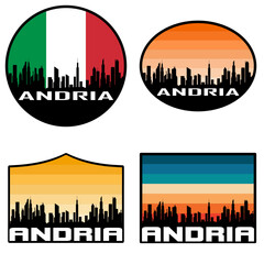 Andria Skyline Silhouette Italy Flag Travel Souvenir Sticker Sunset Background Vector Illustration SVG EPS AI