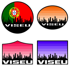 Viseu Skyline Silhouette Portugal Flag Travel Souvenir Sticker Sunset Background Vector Illustration SVG EPS AI - obrazy, fototapety, plakaty