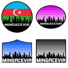Mingacevir Skyline Silhouette Azerbaijan Flag Travel Souvenir Sticker Sunset Background Vector Illustration SVG EPS AI