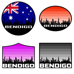 Bendigo Skyline Silhouette Australia Flag Travel Souvenir Sticker Sunset Background Vector Illustration SVG EPS AI