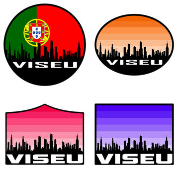 Viseu Skyline Silhouette Portugal Flag Travel Souvenir Sticker Sunset Background Vector Illustration SVG EPS AI