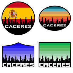 Caceres Skyline Silhouette Spain Flag Travel Souvenir Sticker Sunset Background Vector Illustration SVG EPS AI