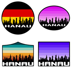 Hanau Skyline Silhouette Germany Flag Travel Souvenir Sticker Sunset Background Vector Illustration SVG EPS AI