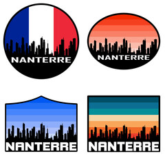 Nanterre Skyline Silhouette France Flag Travel Souvenir Sticker Sunset Background Vector Illustration SVG EPS AI