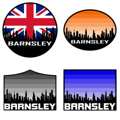 Obraz premium Barnsley Skyline Silhouette Uk Flag Travel Souvenir Sticker Sunset Background Vector Illustration SVG EPS AI