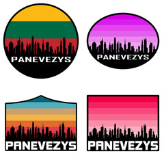 Panevezys Skyline Silhouette Lithuania Flag Travel Souvenir Sticker Sunset Background Vector Illustration SVG EPS AI