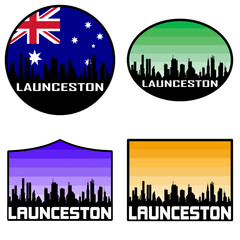 Launceston Skyline Silhouette Australia Flag Travel Souvenir Sticker Sunset Background Vector Illustration SVG EPS AI