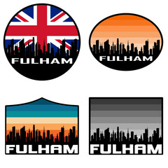 Fulham Skyline Silhouette Uk Flag Travel Souvenir Sticker Sunset Background Vector Illustration SVG EPS AI
