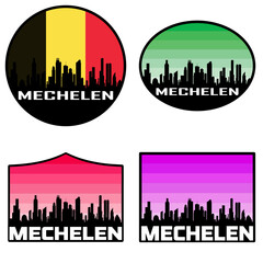 Fototapeta premium Mechelen Skyline Silhouette Belgium Flag Travel Souvenir Sticker Sunset Background Vector Illustration SVG EPS AI