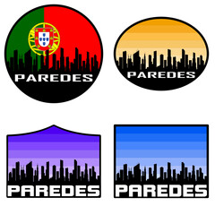 Paredes Skyline Silhouette Portugal Flag Travel Souvenir Sticker Sunset Background Vector Illustration SVG EPS AI