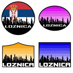Obraz premium Loznica Skyline Silhouette Serbia Flag Travel Souvenir Sticker Sunset Background Vector Illustration SVG EPS AI
